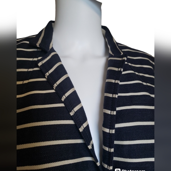 Banana Republic Womens Blazer Navy Blue With Ivory Stripe Italian Linen Sz10 - Picture 2 of 16